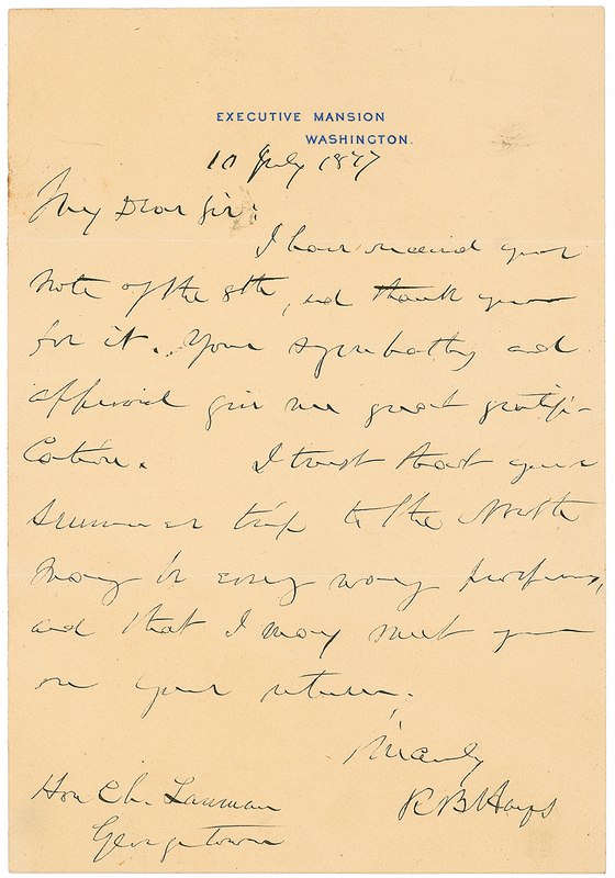 Lot 48 Rutherford B. Hayes: During his first full year in office, Hayes sends thanks for “sympathy and approval”