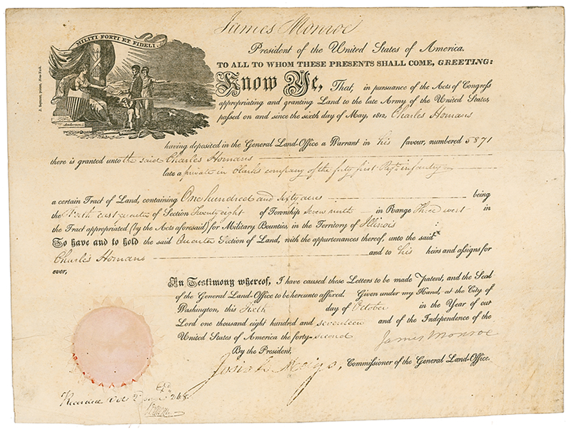 Lot 77 James Monroe: Monroe signs a land grant for service in the War of 1812