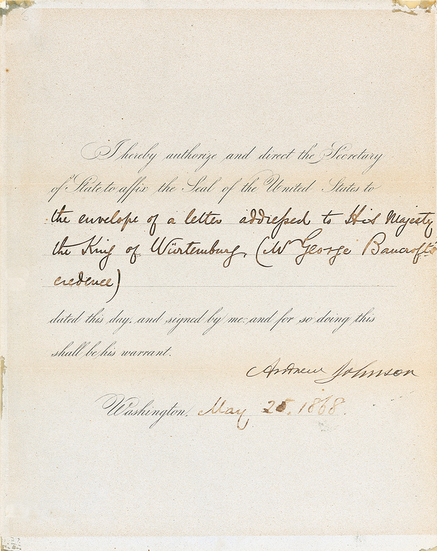 Lot 58 Andrew Johnson: The day before his impeachment trial ends, Johnson sends a message to King Charles I