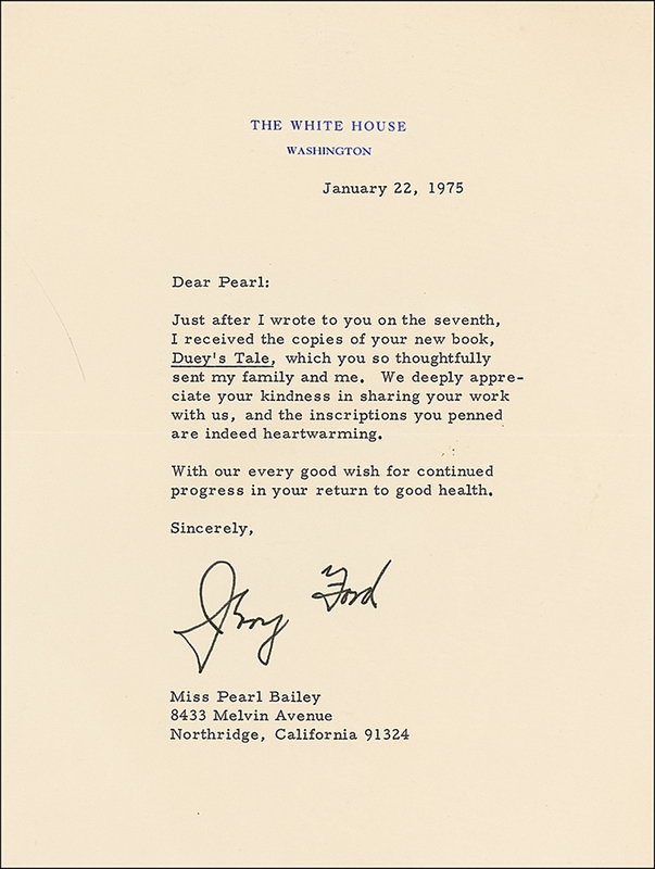 Lot 34 Gerald Ford: President Ford sends thanks to Pearl Bailey