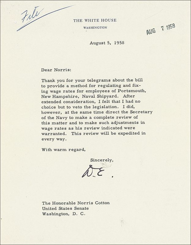 Lot 29 Dwight D. Eisenhower: ?I felt that I had no choice but to veto the legislation?