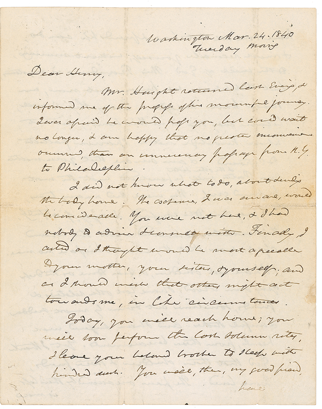 Lot 309 Daniel Webster: Webster offers somber condolences: ?Reconcile yourself, without murmuring, to the will of God. This Providence is mysterious?