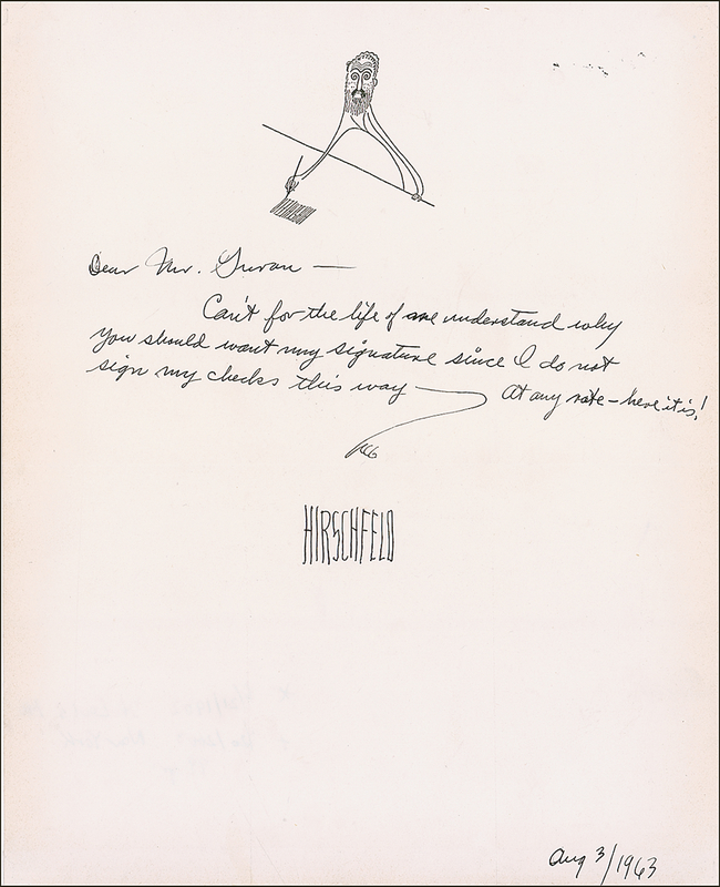 Lot 549 Al Hirschfeld Handwritten Letter Signed