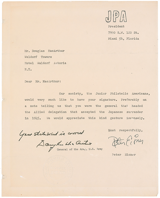 Lot 370 Douglas MacArthur: MacArthur succinctly affirms his role in the Japanese surrender during World War II
