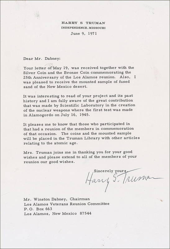 Lot 118 Harry S. Truman: Truman makes rare reference to the atomic bomb, and thanks the recipient for a sample of ?fused sand? generated by its desert testing