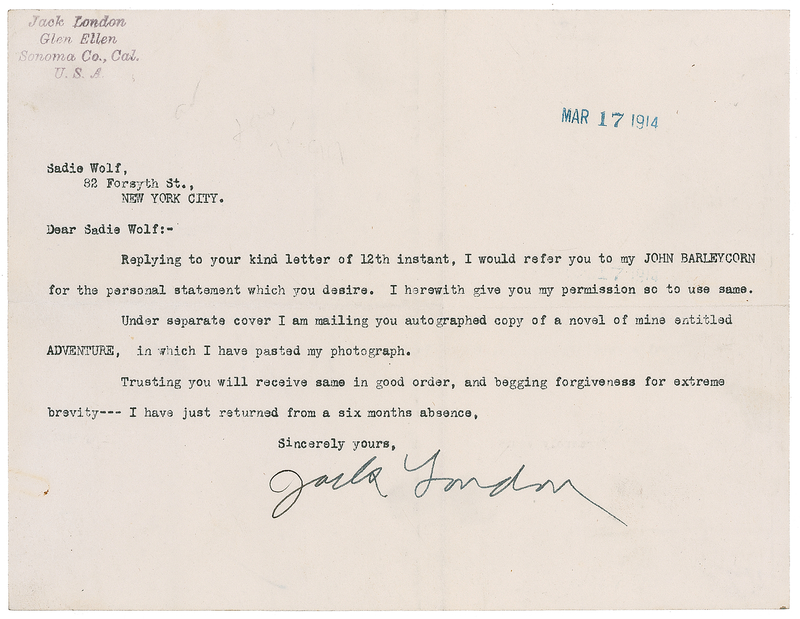 Lot 564 Jack London: London references ?John Barleycorn? after an apparent inquiry involving alcoholism