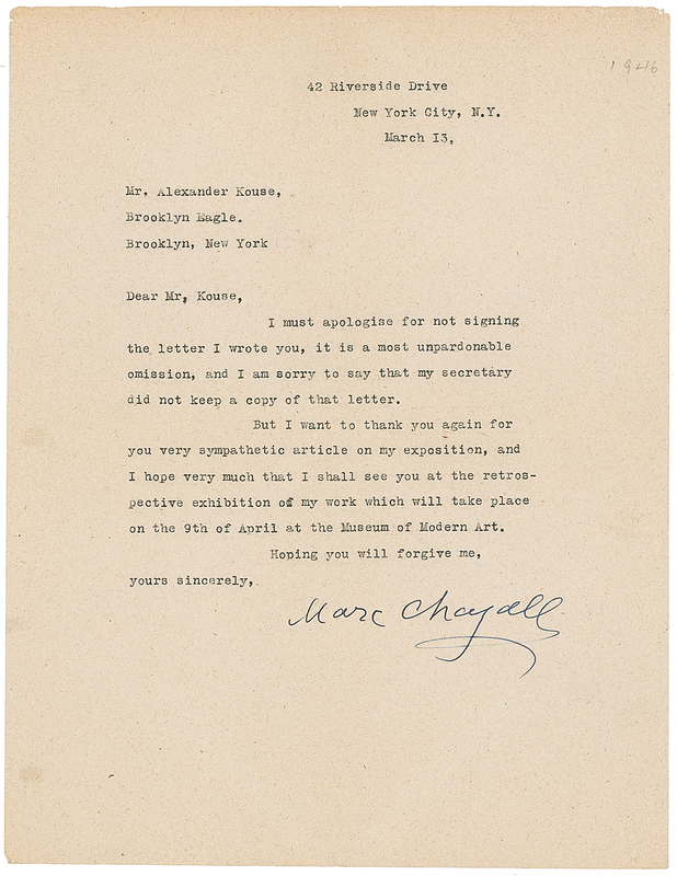 Lot 518 Marc Chagall: Chagall anticipates his exhibition at the Museum of Modern Art