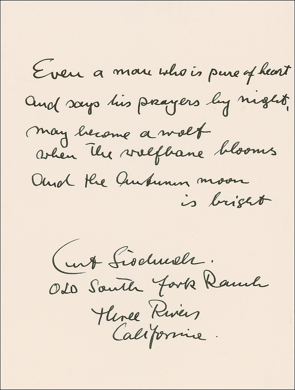 Lot 1034 Curt Siodmak: “Even a man who is pure in heart and says his prayers by night, may become a wolf when the wolfbane blooms and the autumn moon is bright”