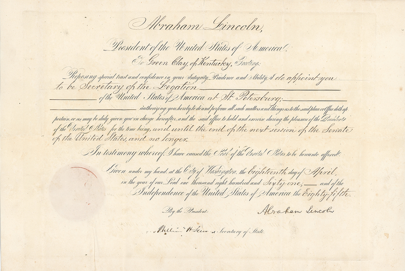 Lot 71 Abraham Lincoln: Lincoln sends emancipationist Cassius Clay to Russia on the day Lee resigned from the Union Army