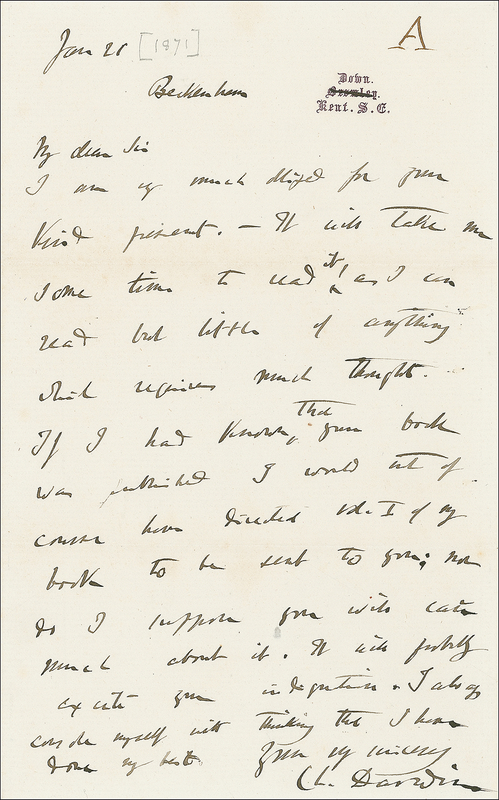 Lot 158 Charles Darwin: Writing to one of Evolution’s fiercest and most respected critics, Darwin concedes that the controversial nature of his theory may “excite your indignation” but defends himself as a scientist, “thinking that I have done my best”