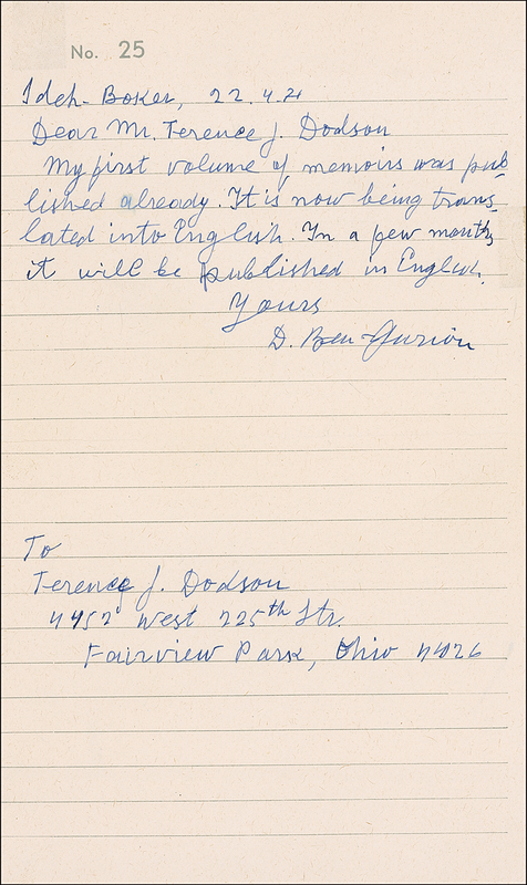 Lot 136 David Ben-Gurion Handwritten Letter Signed