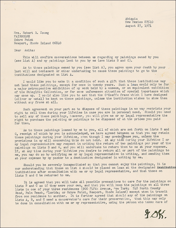 Lot 578 Georgia O?Keeffe: O?Keeffe?s lengthy legalese regarding ?my paintings owned by [and] lent to? her sister