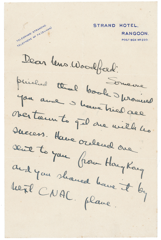 Lot 544 Ernest Hemingway: On honeymoon in Rangoon, Hemingway agrees to replace a promised book that “someone pinched”