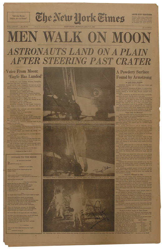 Lot 421 Apollo 11: The first two moonwalkers sign an edition of the New York Times documenting the day of their historic accomplishment