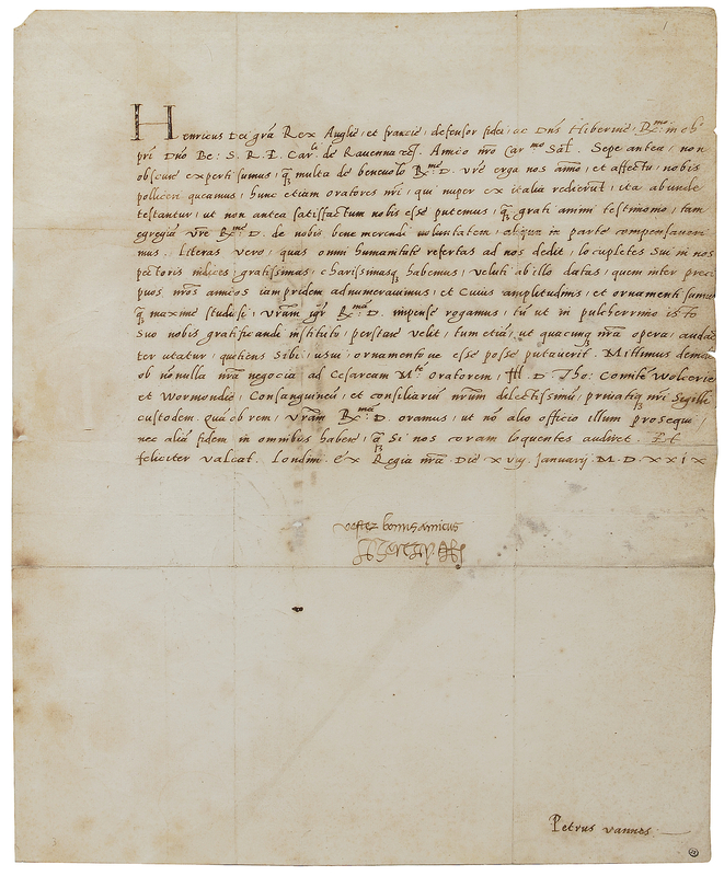 Lot 201 Henry VIII: Henry VIII works to obtain a divorce from Catherine of Aragon in order to marry Anne Boleyn…an event whose failure would ultimately alter the course of Western civilization