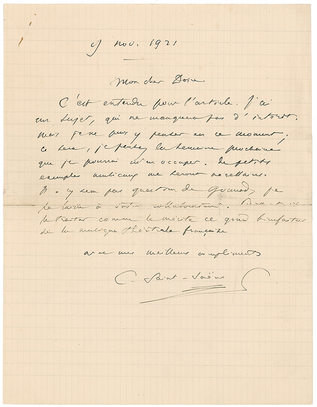 Lot 705 Camille Saint-Saëns: One composer on another: “I have a subject that will not lack interest…It will not be about Gounod”