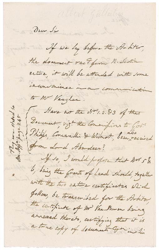 Lot 190 Albert Gallatin: The US and Canada debate boundary issues, still lingering since the Treaty of Paris ended the American Revolution