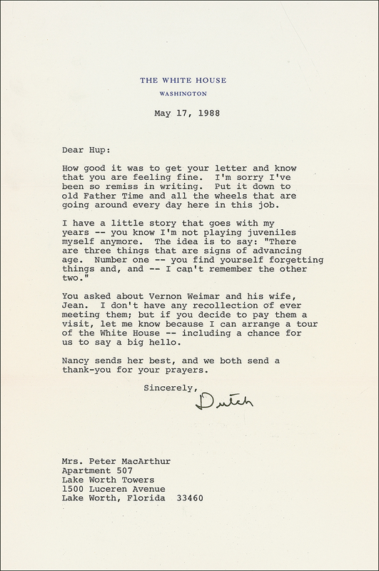 Lot 94 Ronald Reagan: Reagan jokingly foreshadows his eventual Alzheimers: “Number one--you can find yourself forgetting things and, and -- I can’t remember the other two”