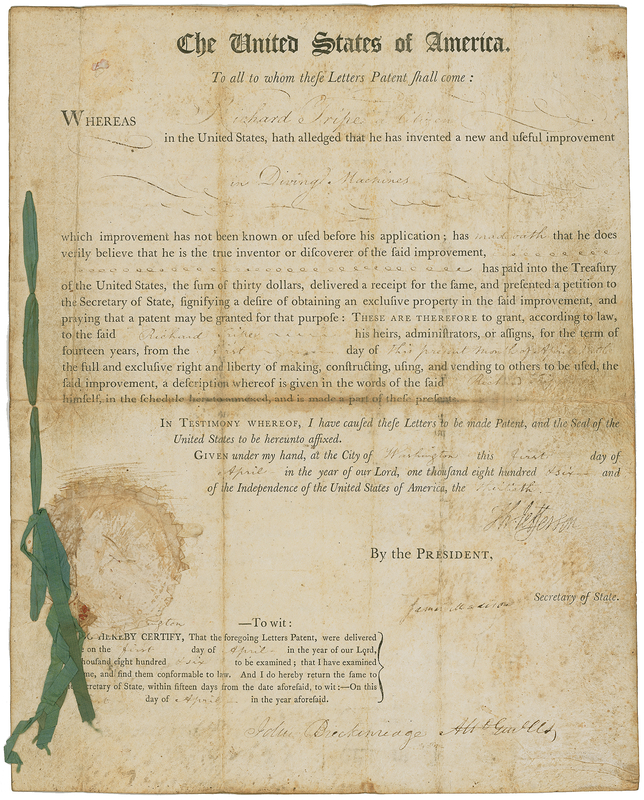 Lot 55 Thomas Jefferson and James Madison: Seldom-seen patent for a diving bell