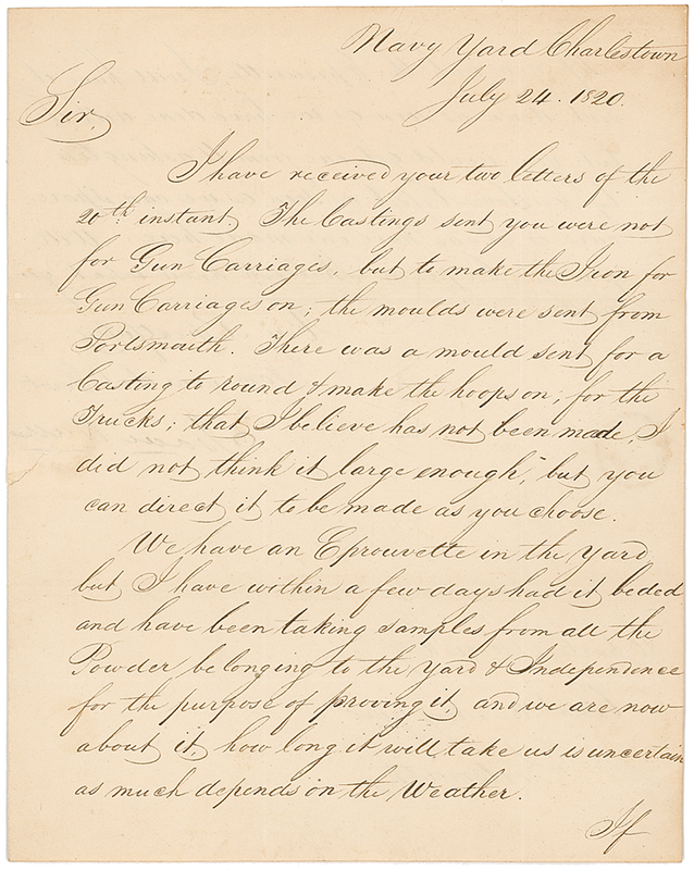 Lot 354 Isaac Hull: Using an Eprouvette to sample gunpowder for the U.S.S. Independence