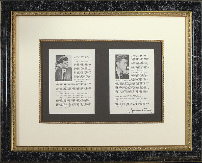 Lot 64 Jacqueline Kennedy: Jackie’s moving tribute to her slain husband: “now he is a legend when he would have preferred to be a man”