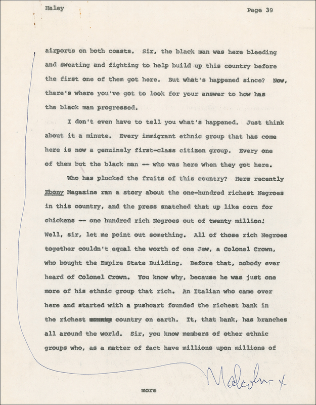 Lot 229 Malcolm X: Signed original page of the typescript of his historic 1963 interview for Playboy magazine: “All of those rich Negroes together couldn’t equal the worth of one Jew”