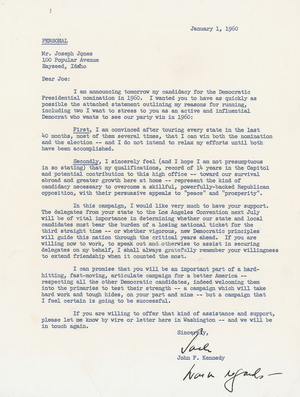 Lot 68 John F. Kennedy: Eyeing the White House: ?I sincerely feel (and I hope I am not presumptuous in so stating) that my qualifications?represent the kind of candidacy necessary to overcome a skillful, powerfully-backed Republican opposition?