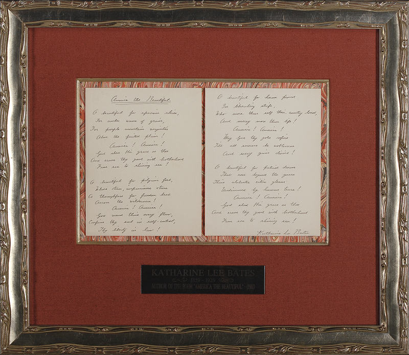 Lot 508 Katherine Lee Bates: ?America! America! God shed his grace on thee, And crown thy good with brotherhood, From sea to shining sea!?