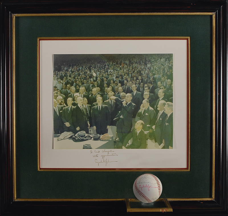 Lot 61 Lyndon B. Johnson: Signed ball thrown out by LBJ at the 1965 Washington Senators season opener, with accompanying signed photo inscribed to the White House photographer
