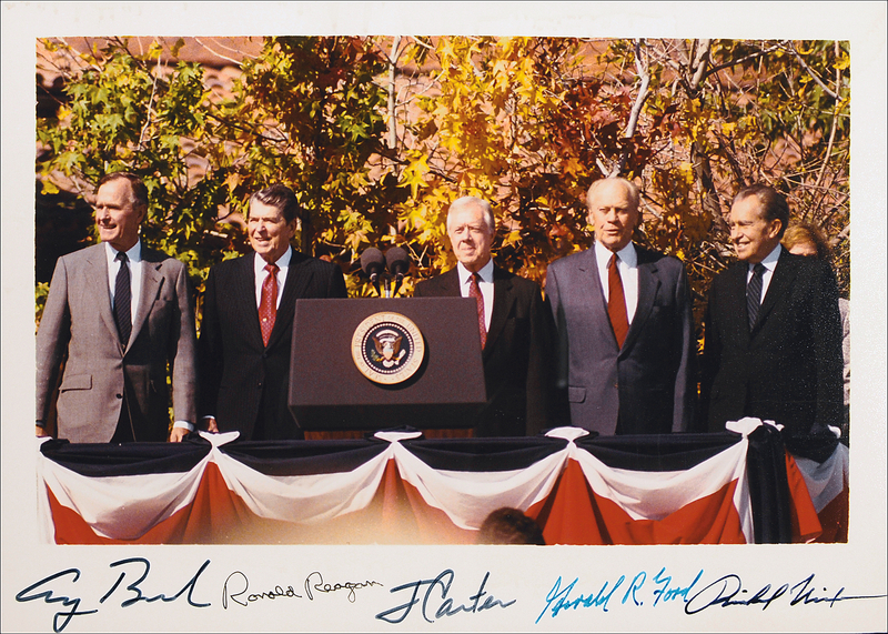 Lot 32 Five Presidents: Five consecutive Commanders-in-Chief sign a Reagan Library dedication photo
