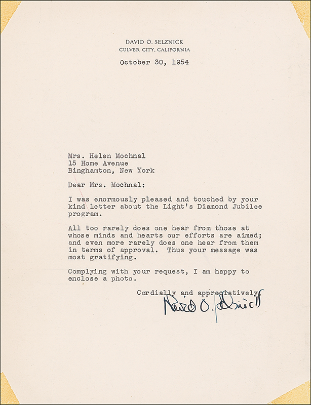 Lot 1031 David O. Selznick: Selznick graciously complies with an admirer’s request: “All too rarely does one hear from those at whose minds and hearts our efforts are aimed”