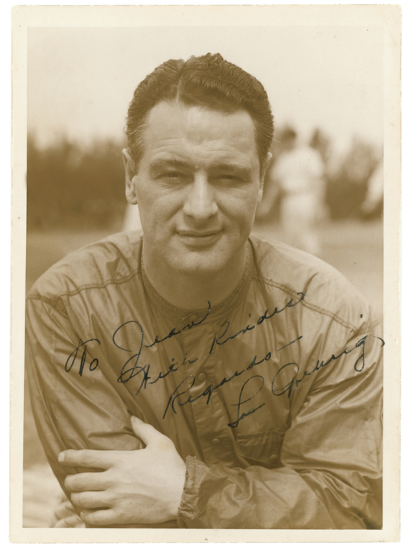 Lot 1234 Lou Gehrig: Outstanding signed portrait of Gehrig taking a rare break