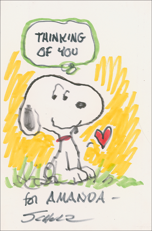 Lot 660 Charles Schulz:  Very desirable hand-colored Snoopy sketch