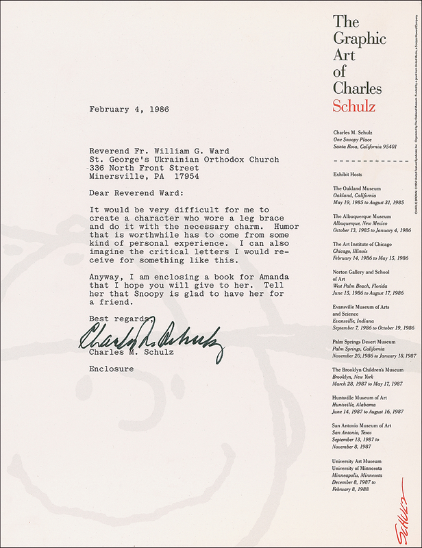 Lot 661 Charles Schulz: Schulz shies away from creating a handicapped character: ?I can also imagine the critical letters I would receive for something like this?