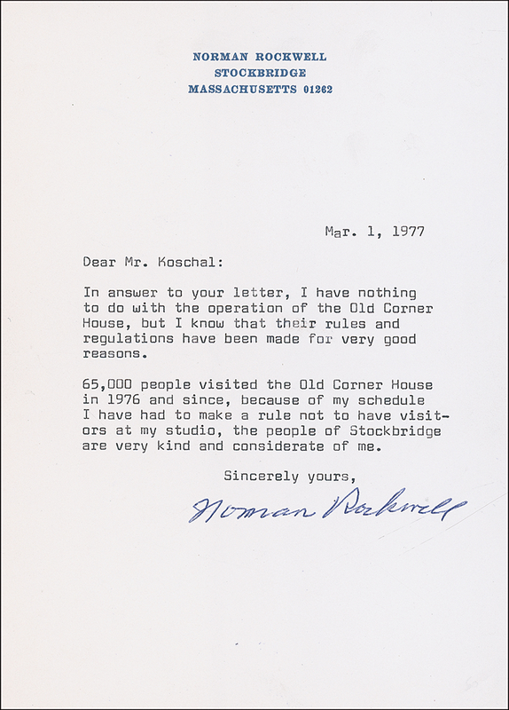 Lot 588 Norman Rockwell: Rockwell defends his privacy: ?I had to make a rule not to have visitors at my studio?
