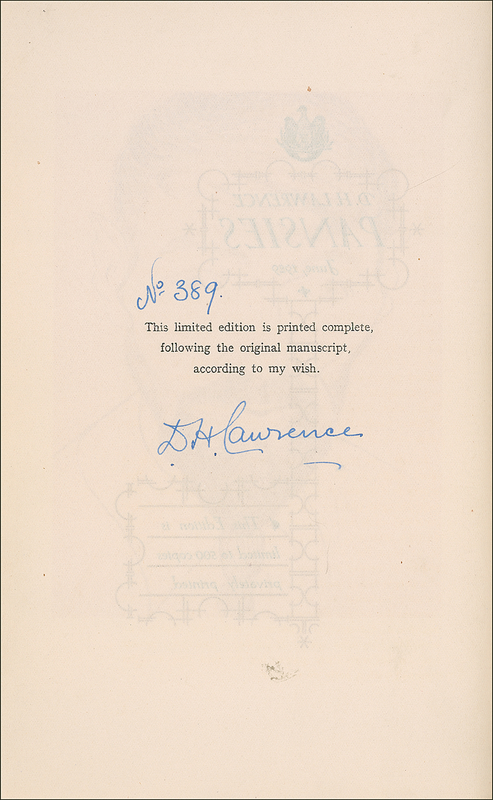 Lot 559 D. H. Lawrence: Lawrence signs a numbered private printing of Pansies