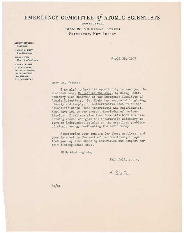 Lot 177 Albert Einstein: Einstein forwards “Explaining the Atom…an authoritative account of the scientific steps, both theoretical and experimental, that have lead to our present knowledge of nuclear fission”