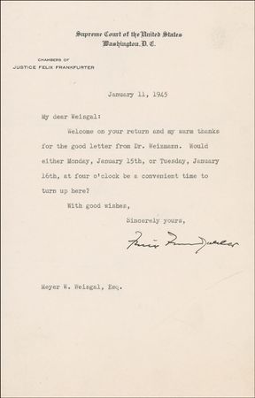 Lot #285 Supreme Court: Felix Frankfurter Letters - Image 1