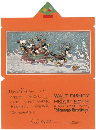Lot #629 Walt Disney: A jolly Disney sends Christmas greetings as visions of the upcoming World?s Fair dance through his head - Image 1