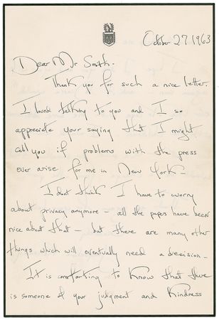 Lot #62 Jacqueline Kennedy: Subconsciously writing “1963” as the first anniversary of her husband’s assassination approaches, Jackie shows uncharacteristic naiveté: “I don’t think I have to worry about privacy anymore” - Image 1
