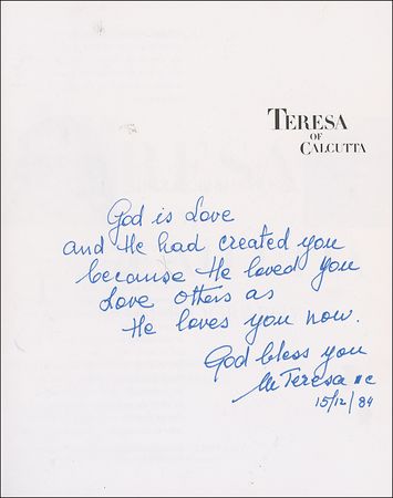 Lot #241 Mother Teresa: “Love others as He loves you now” Mother Teresa adds a heartfelt blessing - Image 1