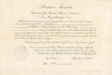 Lot #71 Abraham Lincoln: Lincoln sends emancipationist Cassius Clay to Russia on the day Lee resigned from the Union Army - Image 1