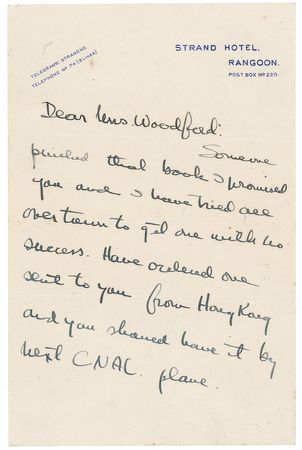 Lot #544 Ernest Hemingway: On honeymoon in Rangoon, Hemingway agrees to replace a promised book that “someone pinched” - Image 1