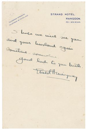Lot #544 Ernest Hemingway: On honeymoon in Rangoon, Hemingway agrees to replace a promised book that “someone pinched” - Image 2