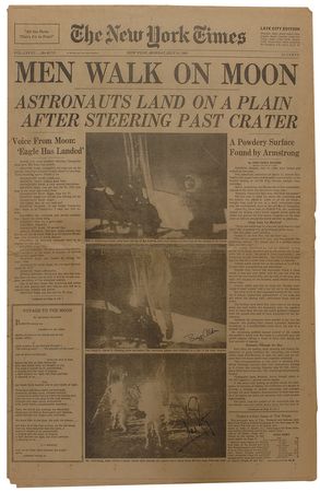 Lot #421 Apollo 11: The first two moonwalkers sign an edition of the New York Times documenting the day of their historic accomplishment - Image 1
