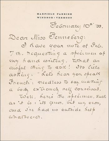 Lot #580 Maxfield Parrish: Parrish responds tersely to a writing request: ?What an awful thing to ask! It?s like asking: ?Let?s hear you speak French.?? - Image 1