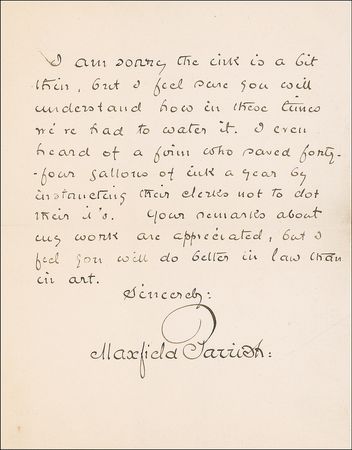 Lot #580 Maxfield Parrish: Parrish responds tersely to a writing request: ?What an awful thing to ask! It?s like asking: ?Let?s hear you speak French.?? - Image 2