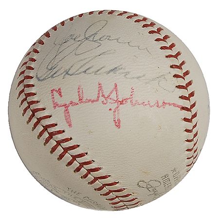 Lot #61 Lyndon B. Johnson: Signed ball thrown out by LBJ at the 1965 Washington Senators season opener, with accompanying signed photo inscribed to the White House photographer - Image 2