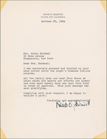 Lot #1031 David O. Selznick: Selznick graciously complies with an admirer’s request: “All too rarely does one hear from those at whose minds and hearts our efforts are aimed” - Image 1