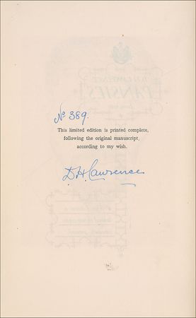 Lot #559 D. H. Lawrence: Lawrence signs a numbered private printing of Pansies - Image 1